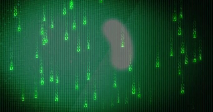 Binary rain streaming initiating blurred gray arc rotating clockwise for looping digital matrix