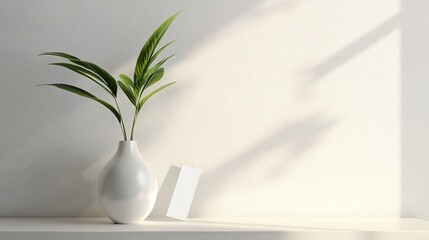 Plant in a white vase on a surface against a white wall with shadows.