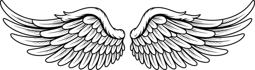 Elegant symmetrical wing illustration with layered feathers, detailed line art, spiritual symbolism, freedom concept, tattoo design, vector graphic style