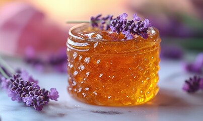 Honeyed lavender jam in a textured jar