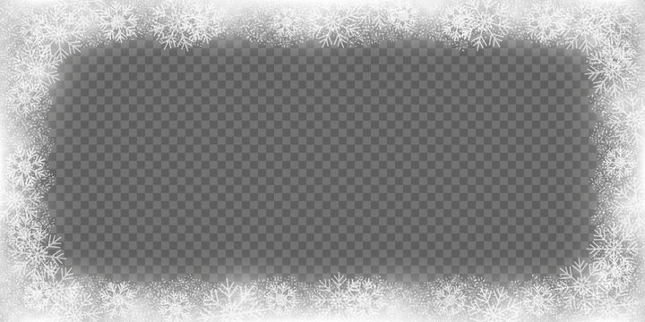Snow frozen frame effect with snowflakes on window transparent vector background