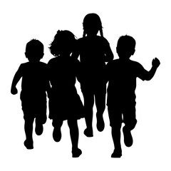 Children running together black silhouette kids playing
