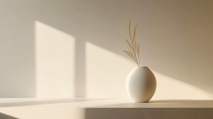 Vase with plant on surface with sunlight and shadow on wall.