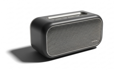 Sleek Black Portable Bluetooth Speaker with Silver Grille and Controls.