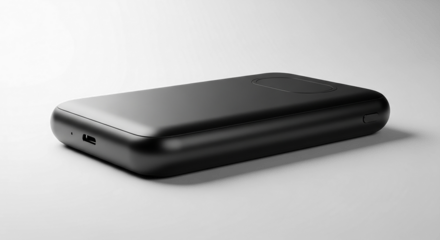 Sleek Black Portable Power Bank with USBC Port and Oval Button.