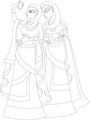 Lord's Gopika, Sevika, or lady servants have drawn in Indian folk art, Kalamkari, Madhubai style. for textile printing, logo, wallpaper