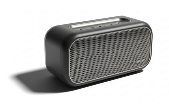 Sleek Black Portable Bluetooth Speaker with Silver Grille and Controls.