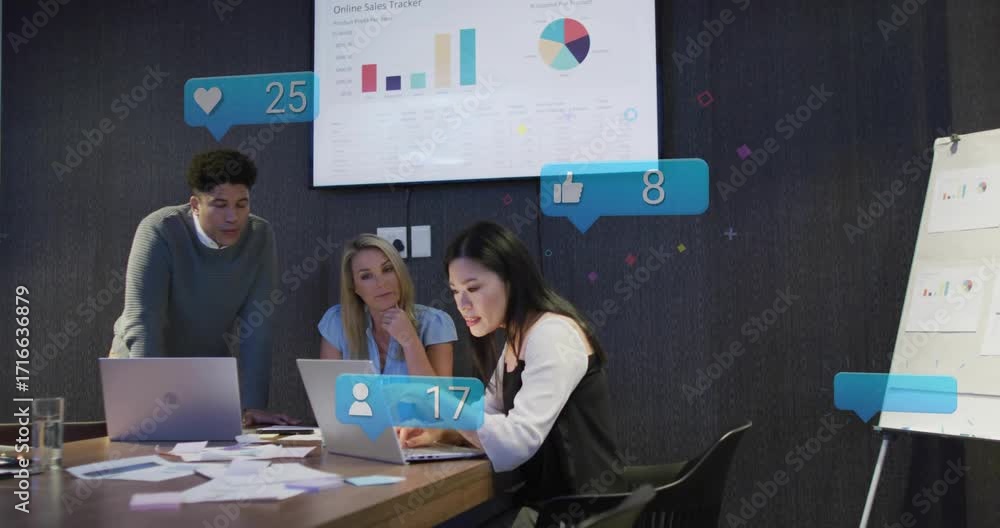 Aufkleber presenter navigating laptop triggers animated icons updating business sales tracker screen