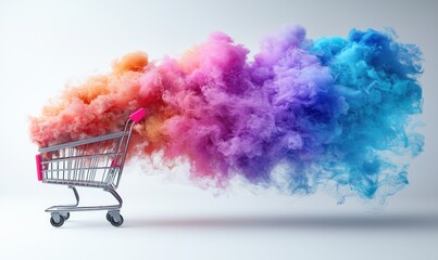 A miniature shopping cart surrounded by vibrant swirling multicolored smoke
