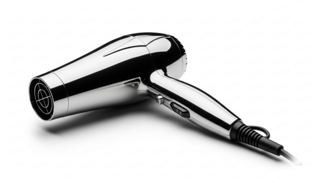 Sleek chrome professional hairdryer with visible controls and power cord.