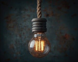 An antique-style lightbulb hangs from a rope against a rustic, textured backdrop