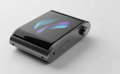 Sleek Metallic Portable Audio Player with Digital Display.