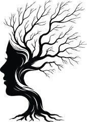 Surreal Tree Face Silhouette Merging Nature and Humanity, Symbolizing Growth, Wisdom, Roots, Environment, Mindfulness, Ecology, and Artistic Connection