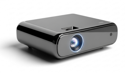 Sleek Silver Projector with Illuminated Lens on Black Background.