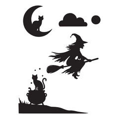 Fototapeta premium Halloween Silhouette Witch, Cat, Cauldron, Moon, and Clouds