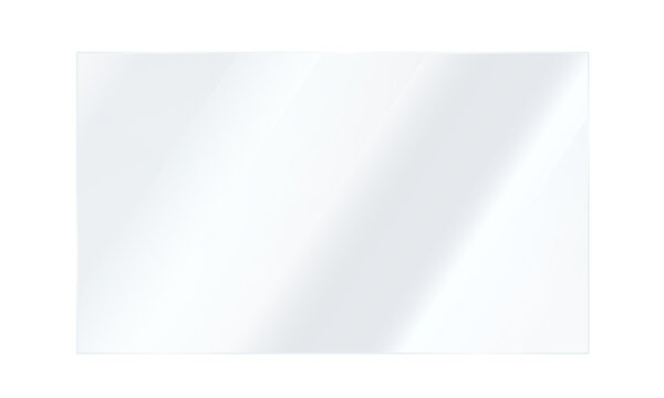 Realistic transparent shiny glossy glass plate panel with light glare reflective surface effect overlay on PNG isolated background rectangle gradient window