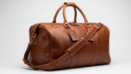 Stylish cognac leather weekender bag detailed with golden hardware and prominent white stitching.
