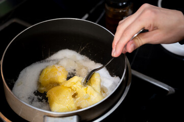 Honey, Maple Syrup, Butter and Sugar in Saucepan, for dough preparation.