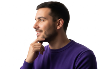 Thoughtful man in purple shirt gesturing towards chin captured in profile view transparent background