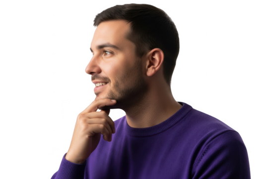 Thoughtful man in purple shirt gesturing towards chin captured in profile view transparent background