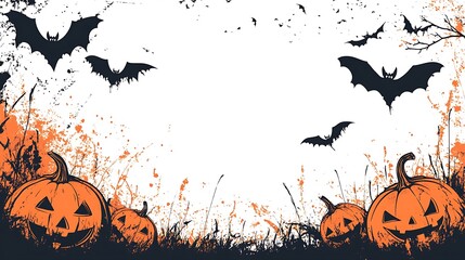 Spooky halloween scene with carved pumpkins bats and bare trees festive autumn holiday decoration