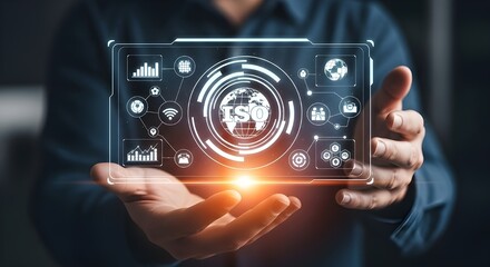 Hands Holding Holographic Screen with ISO and Global Network Icons