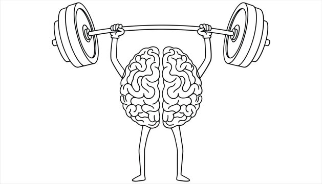 Vector art of brain lifting barbell illustration in black and white, representing mental strength, cognitive function, and the power of knowledge concept of intellectual