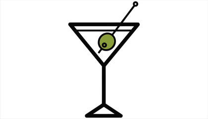 Illustration of a martini glass with an olive the glass is a simple triangle shape with a stem, and the olive is skewered with a toothpick
