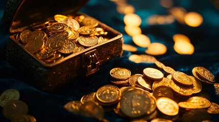 Open treasure chest overflowing with gold coins on a dark surface.