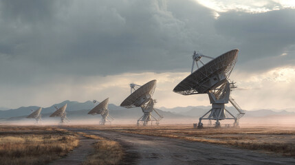Radio telescopes in a desert landscape under a dramatic sky searching for signals from the universe