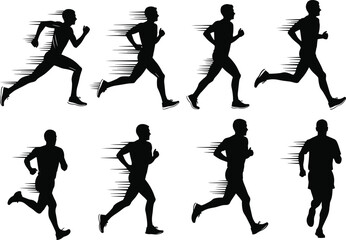 Running silhouettes, athlete motion, jogging figures, marathon training, fitness exercise, sports activity, sprinting people, dynamic movement, healthy lifestyle, speed illustration