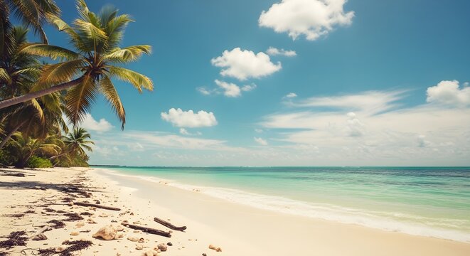 Idyllic tropical beach with palm trees white sand turquoise ocean water and blue sky with clouds