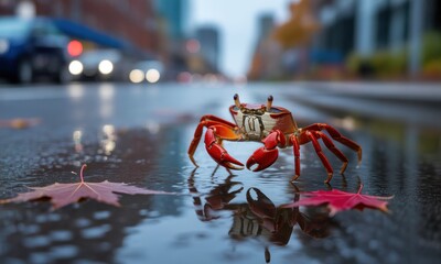 Fototapeta premium A crab on a city street puddle, autumnal leaves