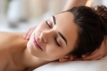 Fototapeta premium Close up of relaxed young woman receiving shoulder massage in spa salon, perfect for wellness, beauty, and relaxation advertising or promotional design use