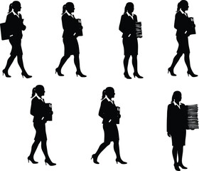Businesswoman silhouette walking, standing, holding folders, carrying books, office documents, professional female worker, corporate posture, productivity, workload, career success