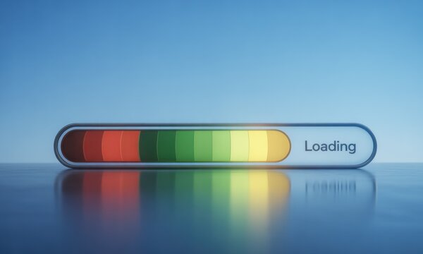 A digital loading bar, multi-colored,  reflecting on a surface