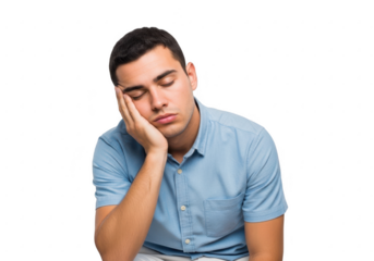 Young man resting head on hand with eyes closed showing fatigue and boredom transparent background