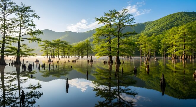 Serene lake with cypress trees emerging from water and misty green hills in background