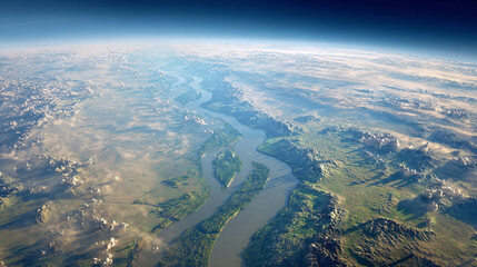 Aerial view of a large river flowing through a mountainous region with clouds