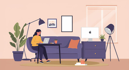 Flat Vector Illustration of Work From Home Lifestyle Scene
