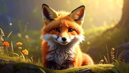 A charming illustration of a fox, bathed in warm sunlight, nestled among wildflowers and mossy rocks.