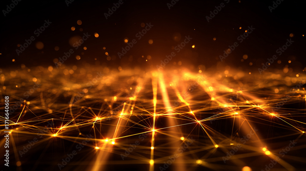 Poster golden network glowing lines and nodes abstract background