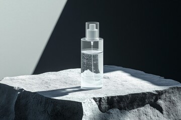 Clear bottle with pump sits on textured stone surface against a gray background.
