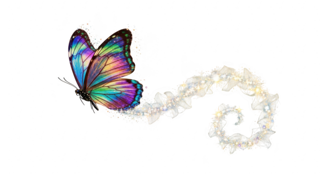 Magical rainbow butterfly leaving a trail of sparkles on black background