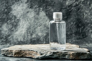 Clear liquid in plastic bottle sits on stone against a textured background.