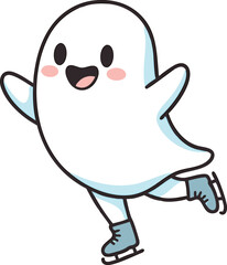 Obraz premium Cute cartoon ghost ice skating with happy expression and blush cheeks smiling