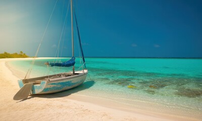 A sailboat rests on a pristine beach, turquoise water laps at the shore
