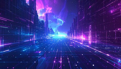 Fototapeta premium Futuristic neon cityscape with digital pathways, vibrant blue and purple hues, clouds and lines suggesting technological advancement