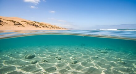 Obraz premium Split view of a sandy beach coastline with clear turquoise ocean water and underwater rocks