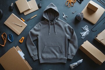 Gray hoodie surrounded by cardboard boxes and other items on a dark surface.